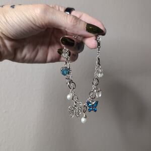 Silver Charm Bracelet with Butterflies and Pearls